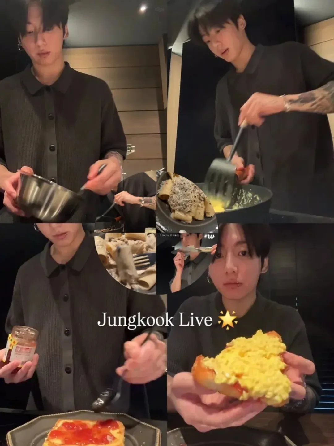 柾國一邊煮菜一邊自言自語向粉絲們互動。