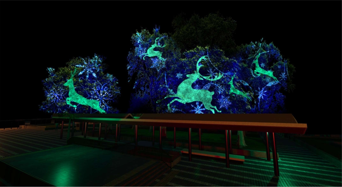 從聖誕天地仰望，可見馴鹿光影於中環天際間閃耀律動。