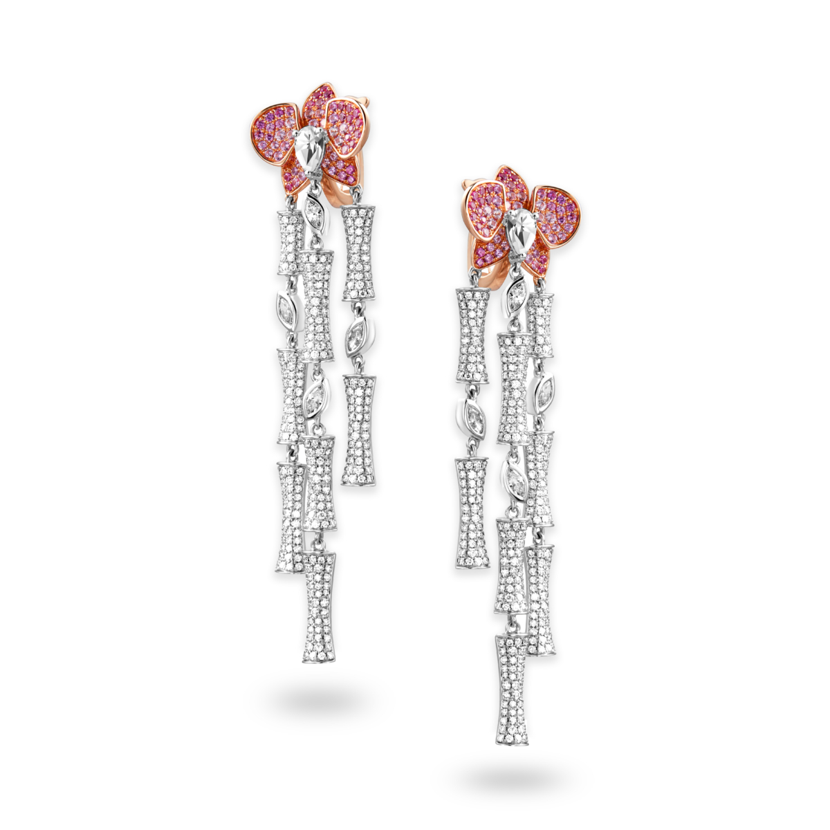 Qeelin Bamboo 高級珠寶系列白金鑽石耳環鑲嵌粉紅藍寶石，價格店洽