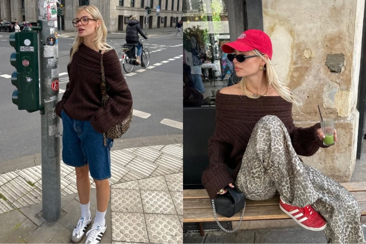 同一件可「斜落肩/平口」的巧克力色粗針織，玩出兩種氣質！