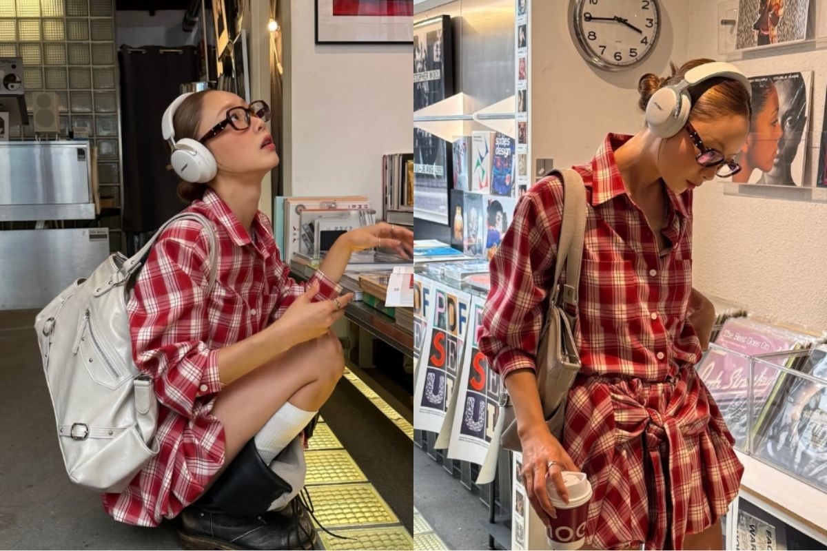 配色上以紅＋米白為核心，搭一咖米灰大包和耳罩式耳機把甜度中和。