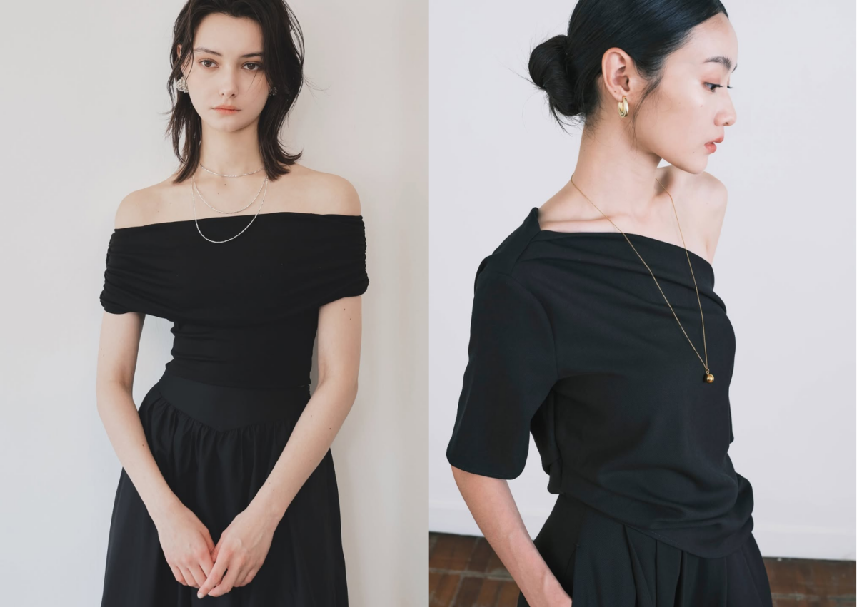 ear 一字領抽皺設計上衣；ear 側抽皺斜肩上衣