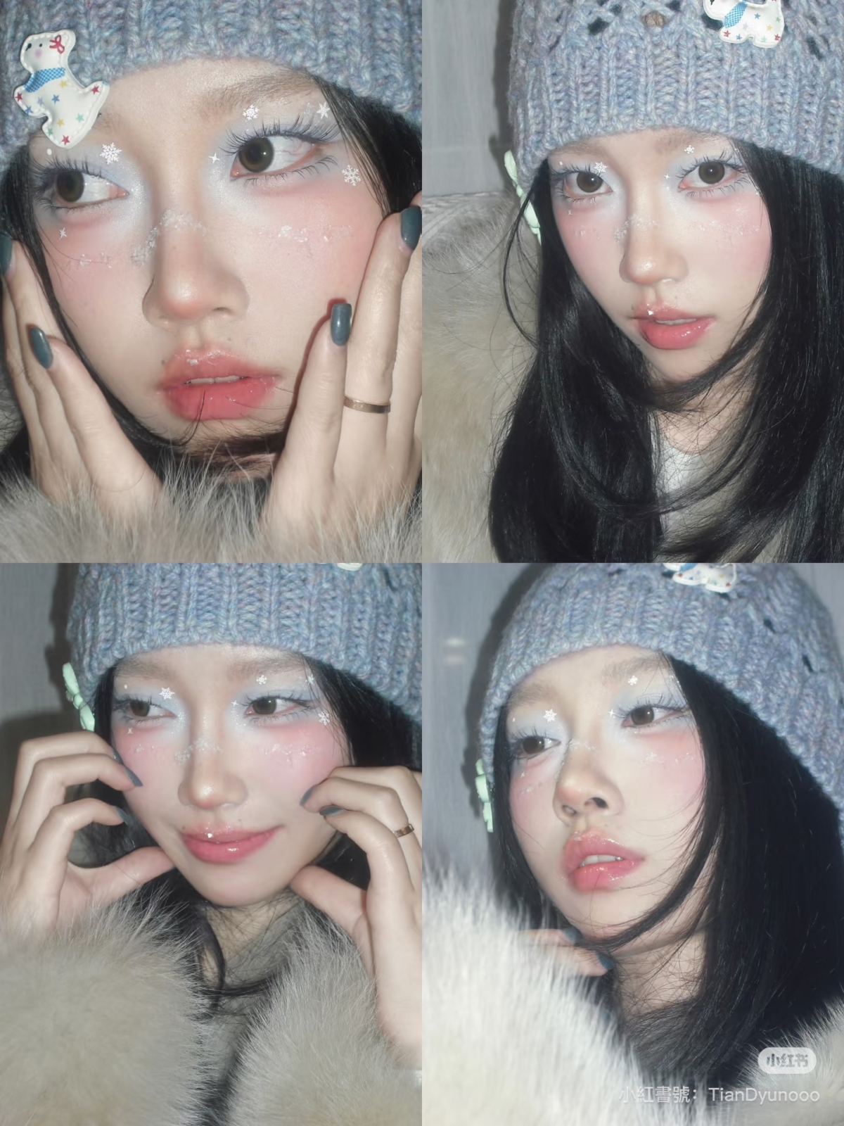 靈魂步驟在於雪花特效，使用白色眼線液在泛紅處點綴大小不一的雪點與雪花貼紙。