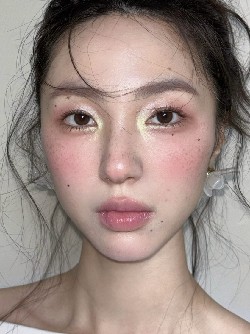 眼頭點綴上那一抹淺綠色打亮，不僅打破了冬日的沉悶，更像是在雪地裡初綻的草莓嫩葉！