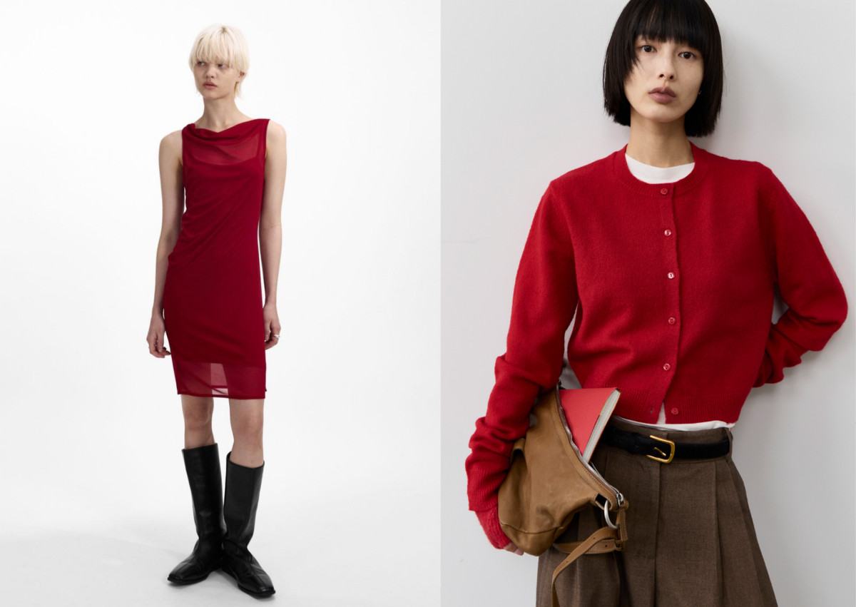 Studio doe 透紗層次修身洋裝；直角肩開襟針織衫