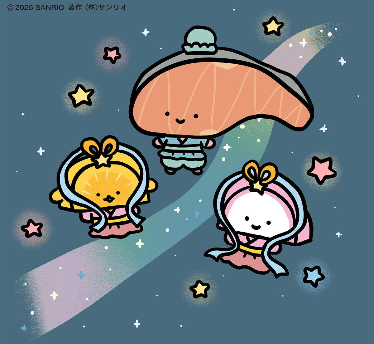 切片妞經常與朋友魚板妹、玉子燒、蝦子等食材夥伴們聚集在一起。