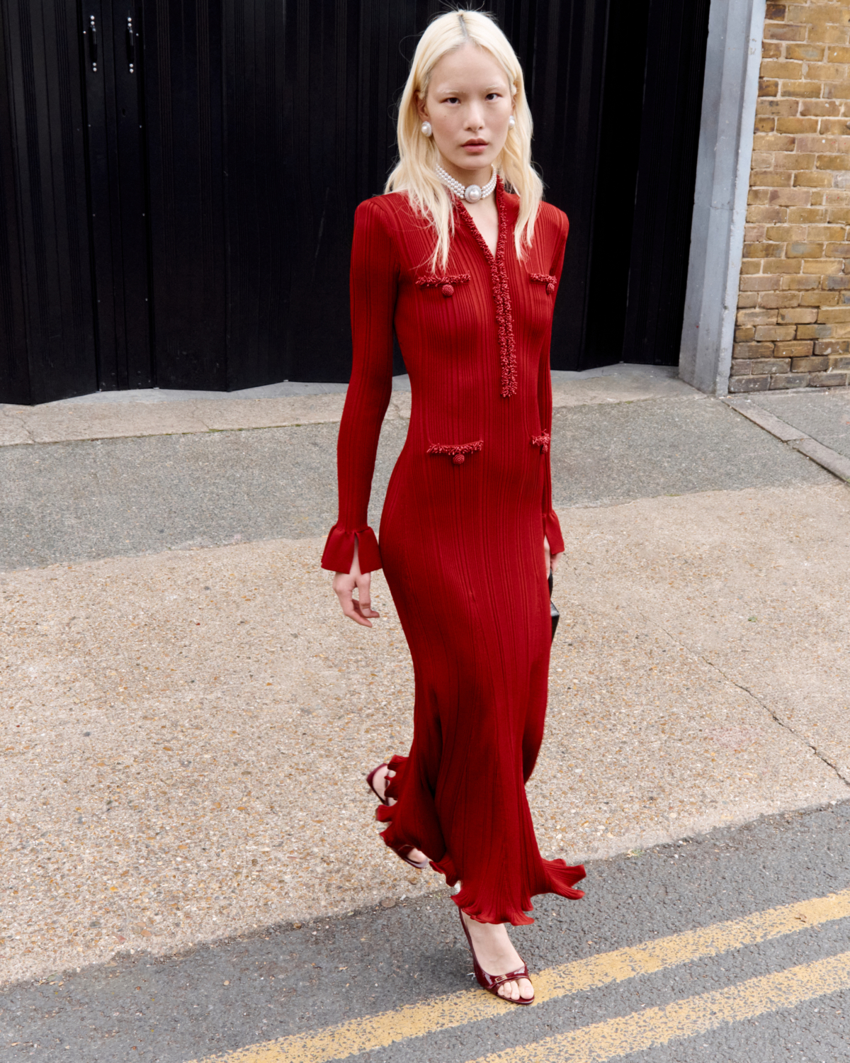 self-portrait Red Pearl Trim Knit Midi Dress ，NT$22,800