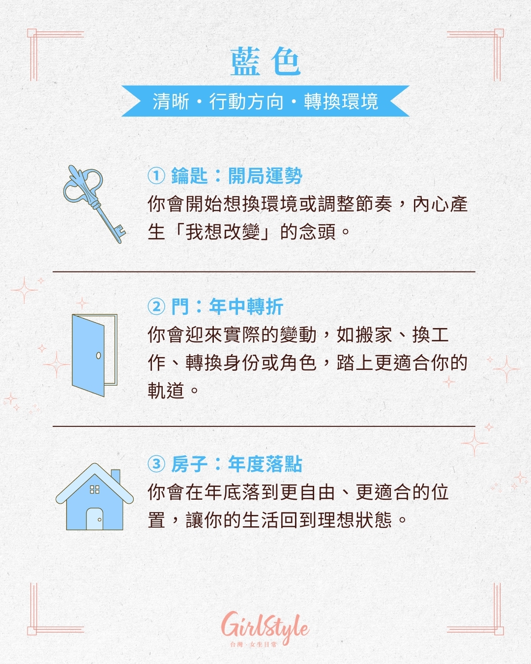 代表清晰、行動方向、轉換環境的藍色。