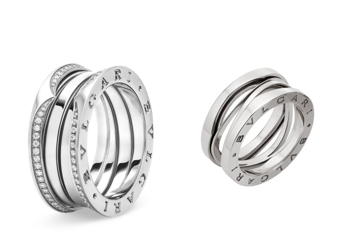 BVLGARI B.Zero1白金三環鑽石戒指，NT$228,200；B.Zero1 白金三環戒指，NT$ 100,000