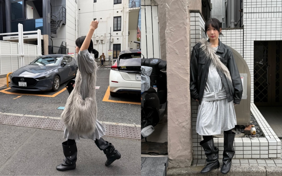 洋裝的柔軟抓皺感與靴筒線條巧妙連貫，展現俐落的街頭氣場。