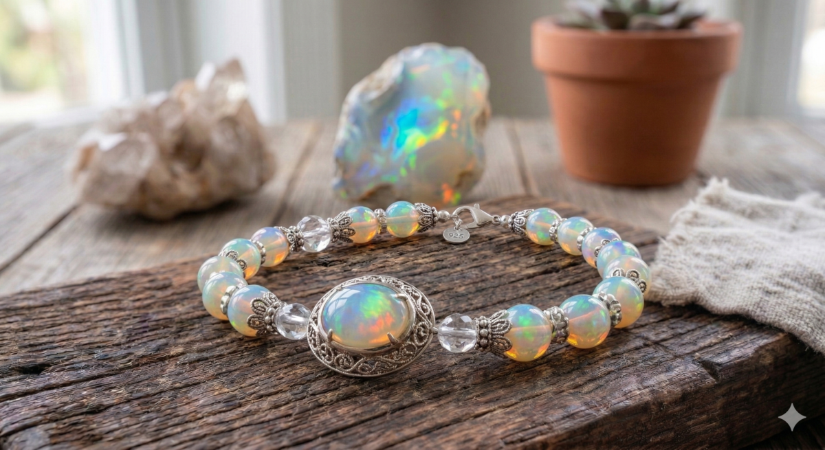 蛋白石的虹彩光芒對應多個人體脈輪，能帶來身心的平衡與愉悅