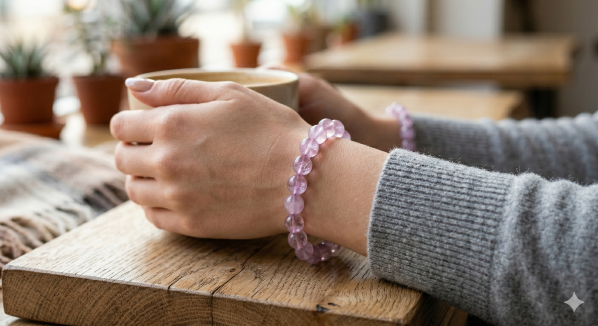 紫鋰輝石建議大多數時間戴左手，讓紫鋰輝溫柔的能量進入心輪，幫助自我療癒與穩定情緒。