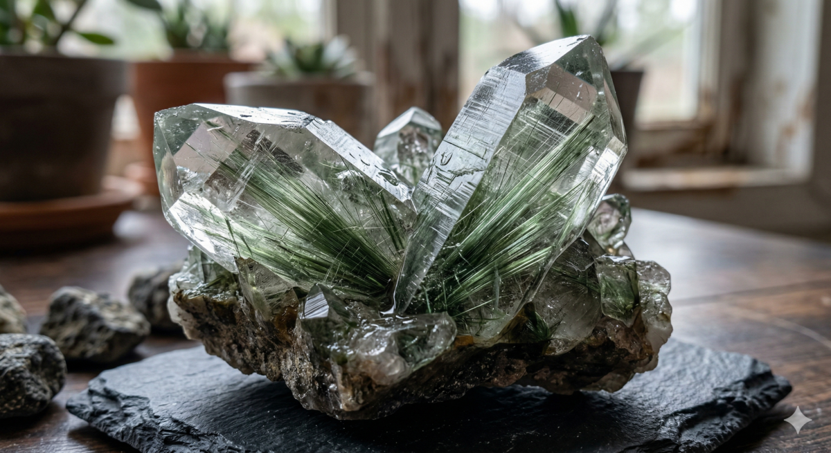 綠髮晶是在透明水晶中含有針狀的「綠碧璽（電氣石）」或「陽起石」包裹體。