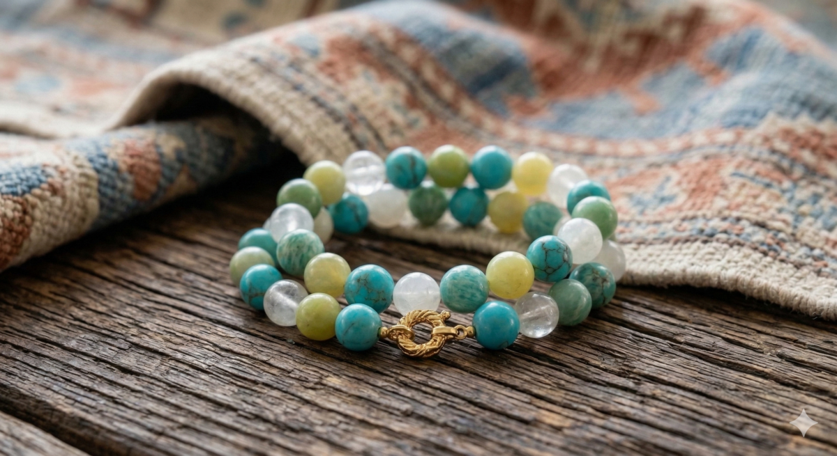 天然天河石具有獨特的「雙晶結構」，表面交織著如網格般的白色紋理。