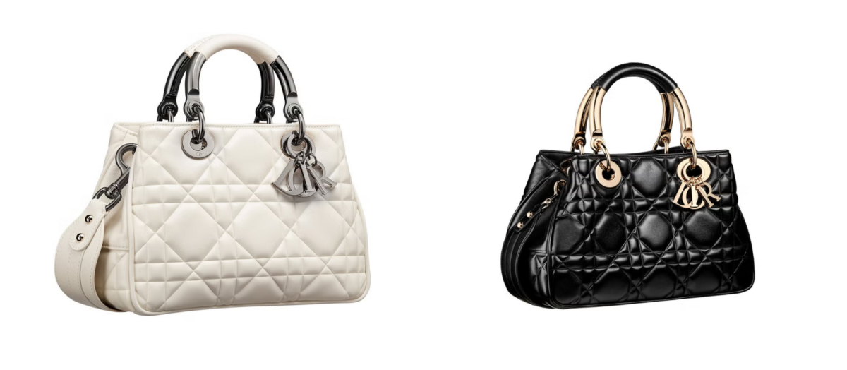 Dior Lady 95.22 拿鐵白藤格紋小羊皮中型提包，NT$ 235,000；黑色色藤格紋小羊皮小型提包，NT$ 210,000