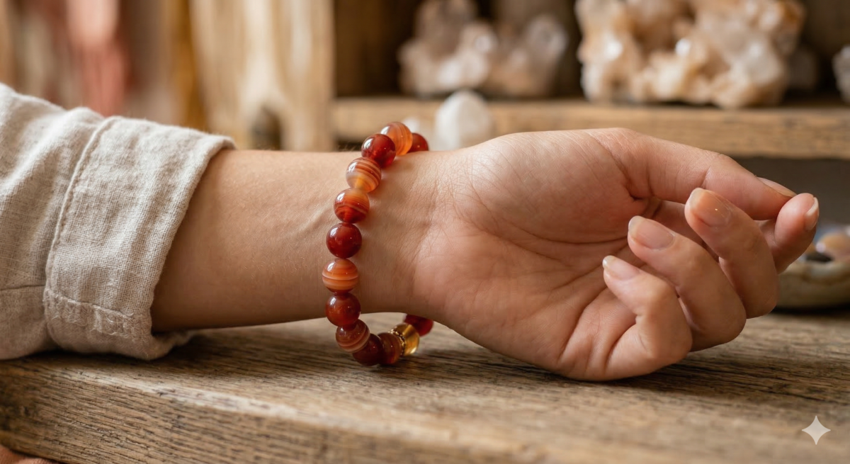 天然紅瑪瑙會有層次感與不規則的帶狀紋理；人造瑪瑙通常色澤過於均勻或呈現蜘蛛網狀的染色痕跡。