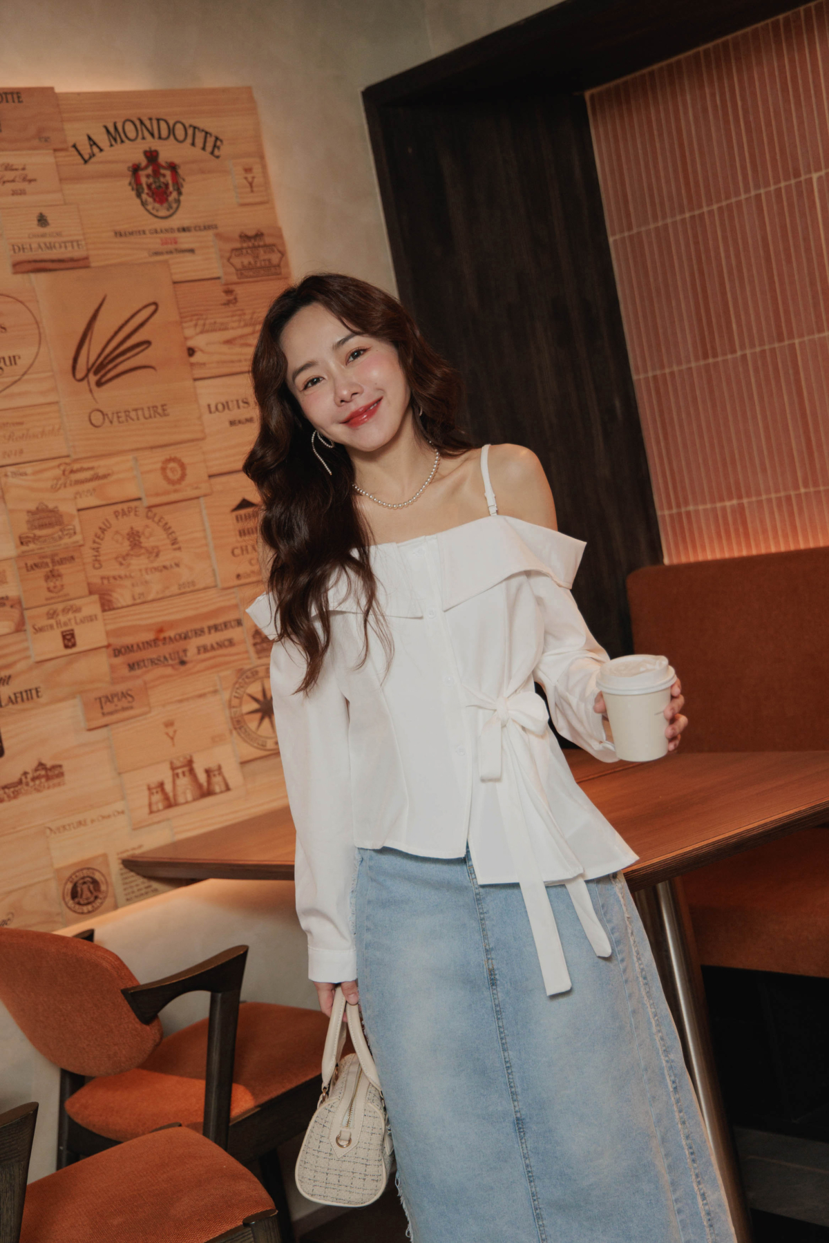 seoulmate 一字領綁帶雪紡上衣