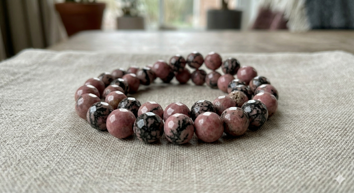 玫瑰石對應心輪，能幫助配戴者放下過去的憤怒與怨恨，達成真正的「自我原諒」。