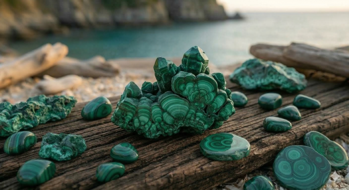 孔雀石（Malachite）以其深邃且層次分明的翠綠紋理著稱