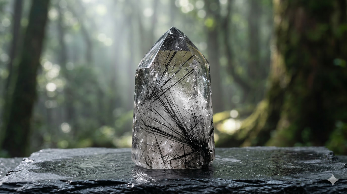 黑髮晶（Black Rutilated Quartz）以其清透晶體中包裹的黑色針狀礦物著稱