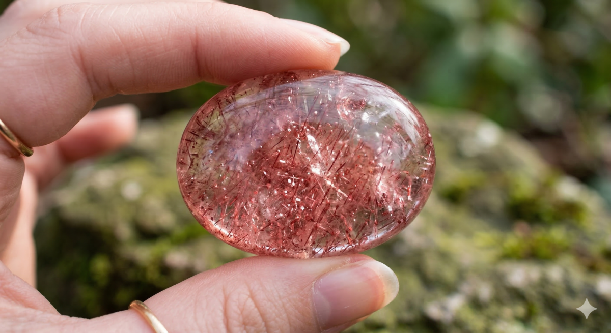 草莓晶特寫-內含纖鐵礦的粉紅草莓晶裸石與原石對比