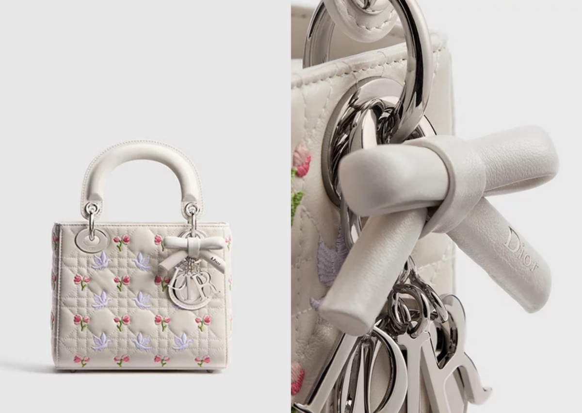 Dioramour Lady Dior 附鏈帶迷你包白底拼色 Doves & Roses 圖案刺繡 Cannage 籐格紋羊皮，NT$ 215,000