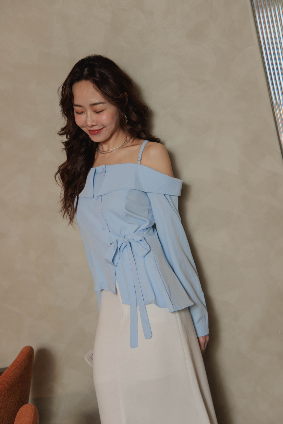 seoulmate 一字領綁帶雪紡上衣