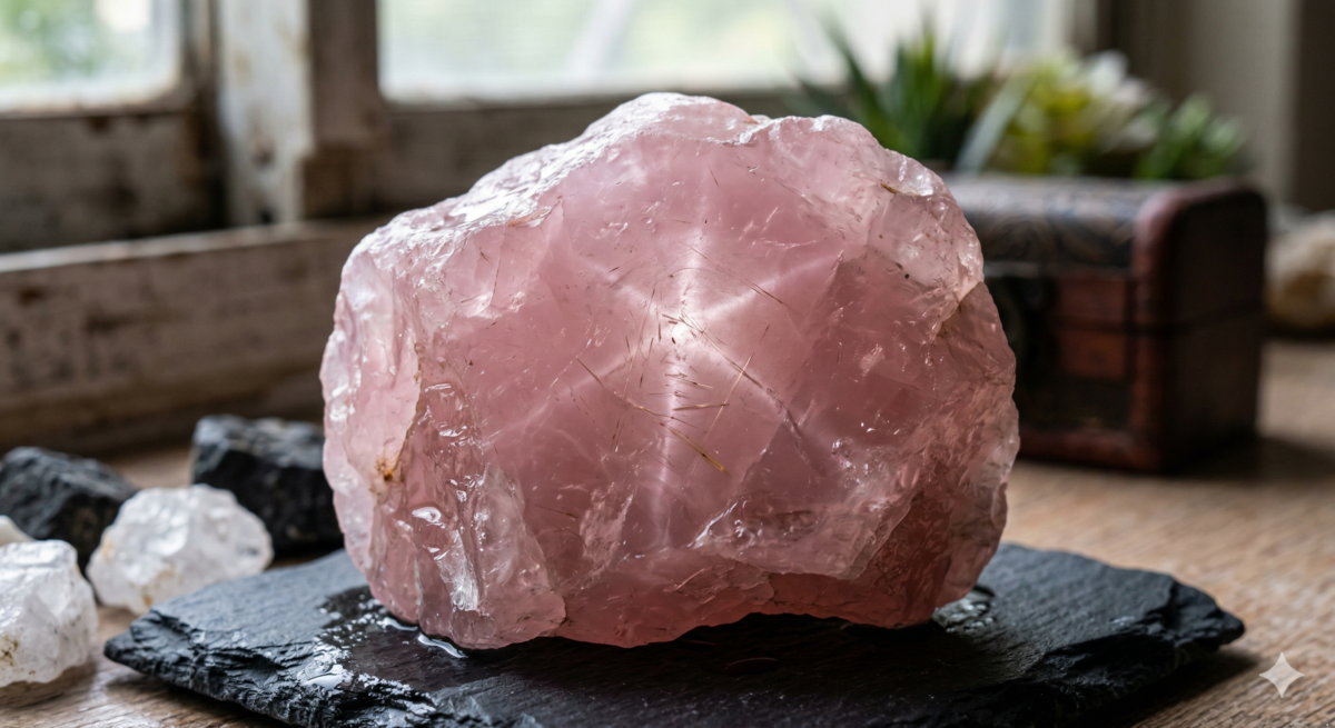 粉晶，又稱薔薇水晶，主要成分是二氧化矽，因含有微量的鈦元素而呈現嬌嫩的粉紅色。