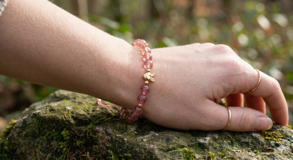 草莓晶手環配戴展示-女生配戴粉紅草莓晶串珠手鍊穿搭圖