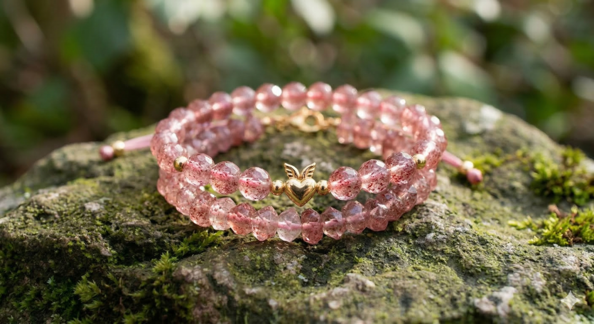 草莓晶手鍊產品圖-天然刻面草莓晶珠子搭配金色愛心吊墜