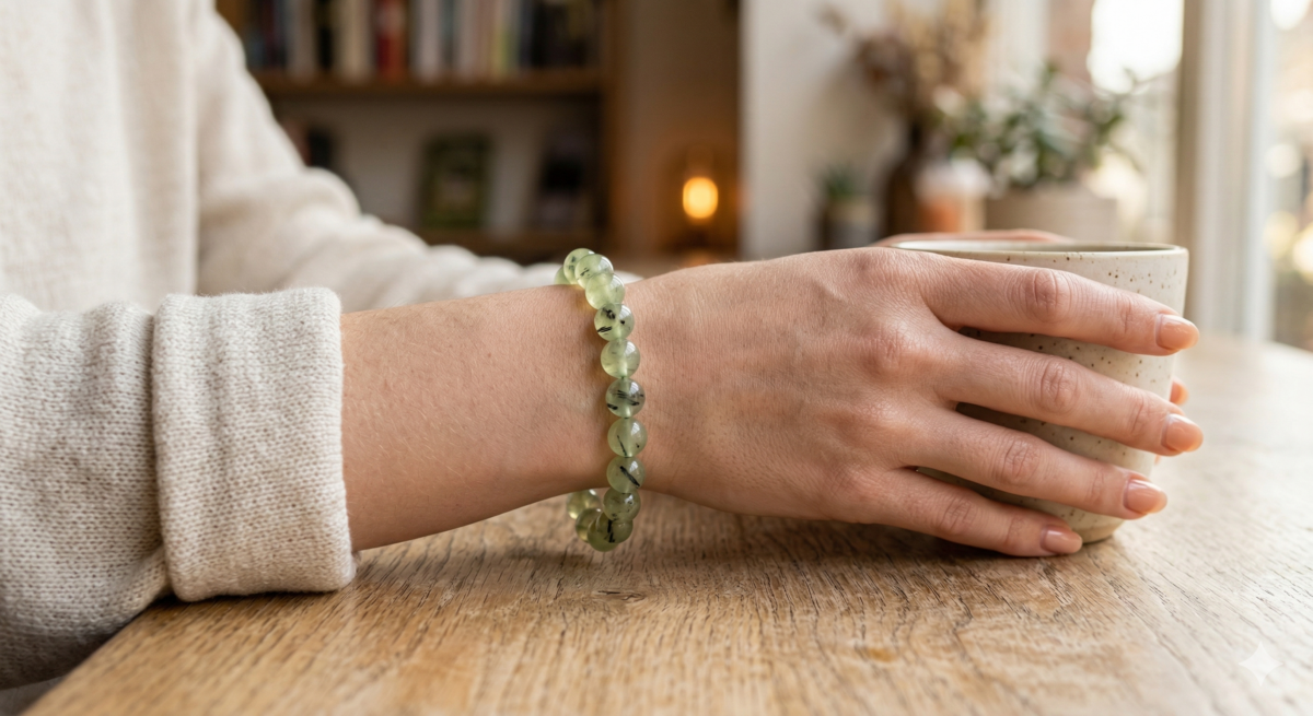 葡萄石對應心輪，能帶來平和的財富能量，適合創業者或事業轉型期的人。