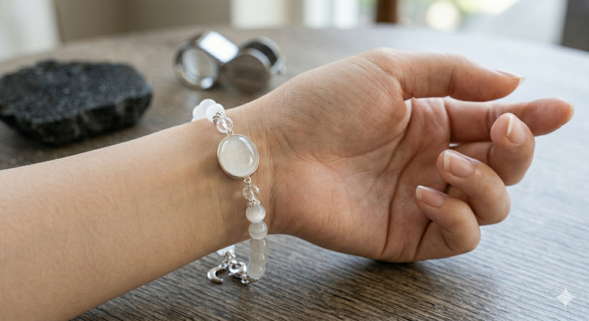 當你感到情緒波動、壓力大，需要導入平和能量或進行靜心冥想時，透石膏戴左手能幫助穩定內在。