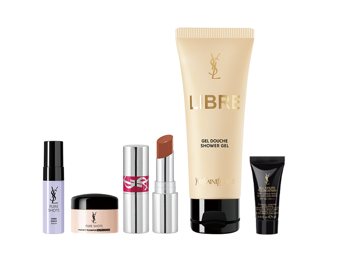 YSL 全台專櫃母親節開打期間 消費滿NTD 15,000享 極效活萃澎潤精華7ml+極效活萃修護精華凝霜7ml+ 情挑誘光蜜唇膏02精巧版 +自由不羈香氛沐浴乳50ml +恆久完美無瑕持妝粉底5ml。（價值NTD 3,355）
