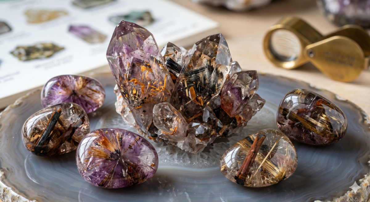 超級七（神聖七）源自巴西，由七種不同礦物共生於同一晶體中，在五行上對應火與土，能平衡人體七大脈輪