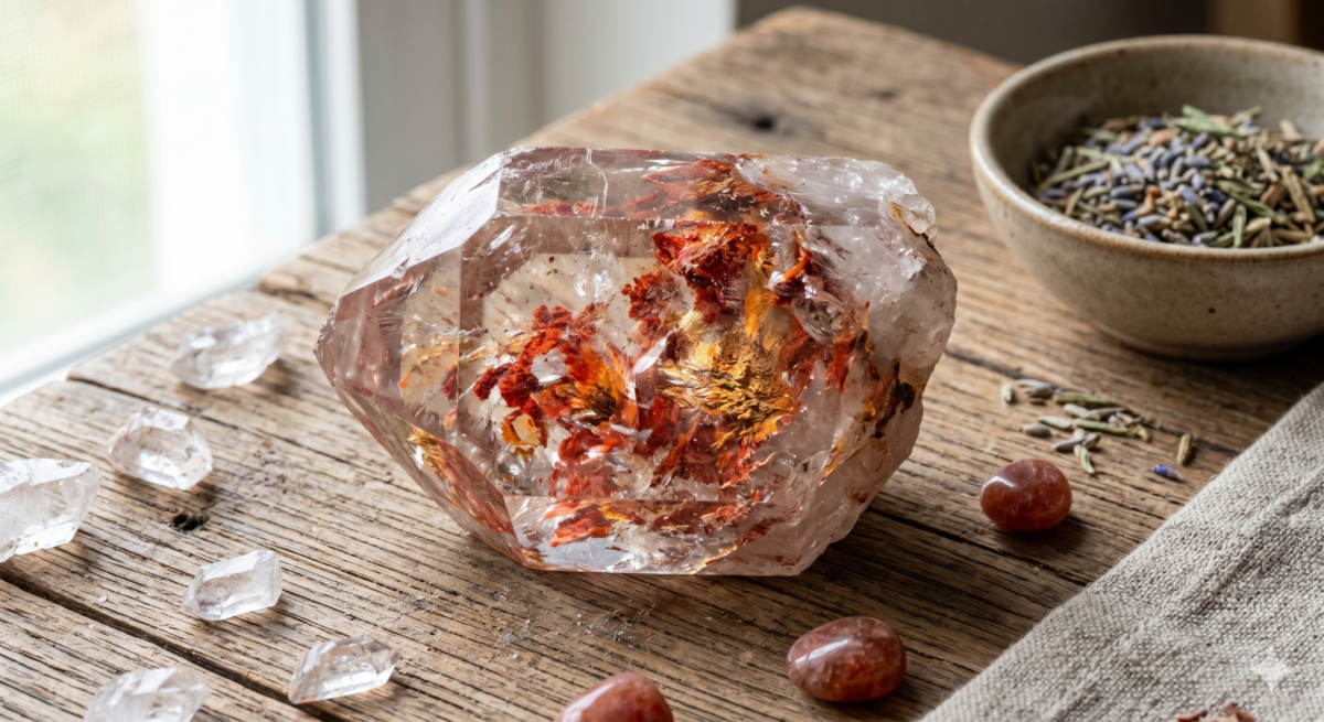 膠花水晶（Hematoid Quartz）並非人為加工，其迷人的景觀源於水晶生長時產生的裂隙。