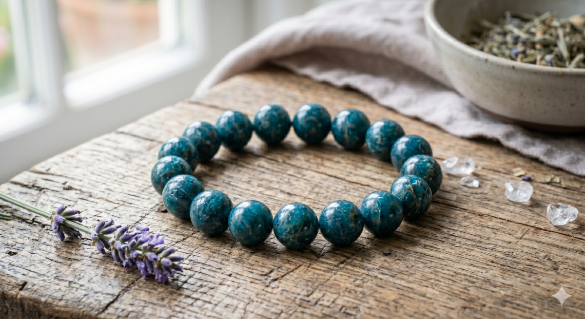 當妳感到靈感枯竭、心情低落，或需要平靜思緒時，磷灰石戴在左手能吸收礦石的高頻正能量。