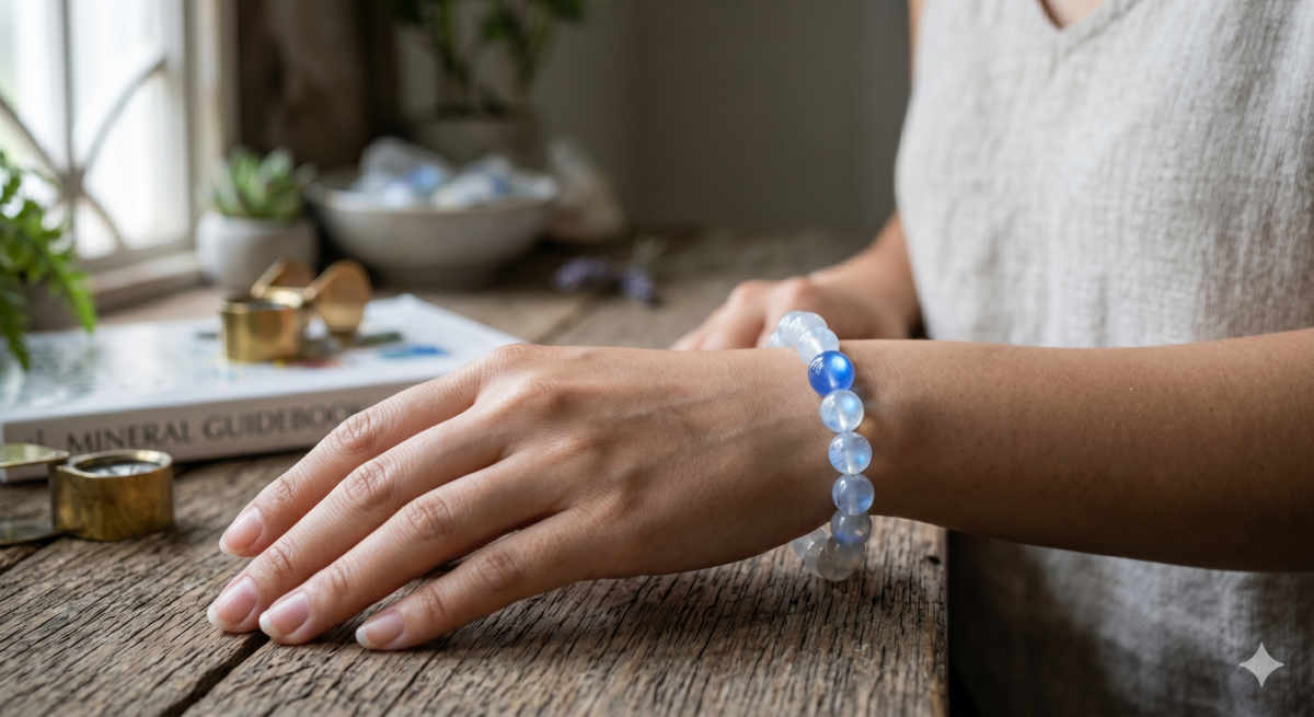 藍月光石建議使用月光浴淨化，在滿月之際放置窗台一夜即可；或使用石英晶簇消磁。注意避免使用粗鹽水，以免損害月光石細緻的表面。