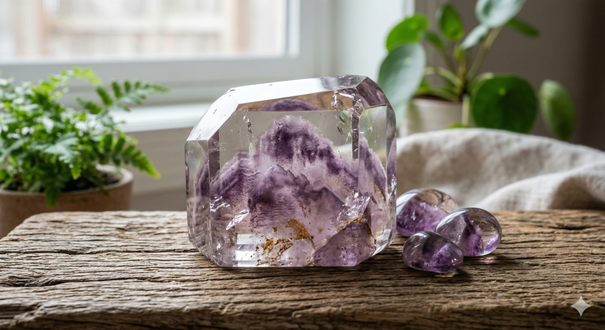 紫幽靈水晶（Purple Phantom Quartz）以其晶體內如山水畫般的幻影景觀聞名。它結合了「紫水晶」的智慧能量與「幽靈水晶」的轉化力量，是許多人追求事業突破與內心平靜的首選。