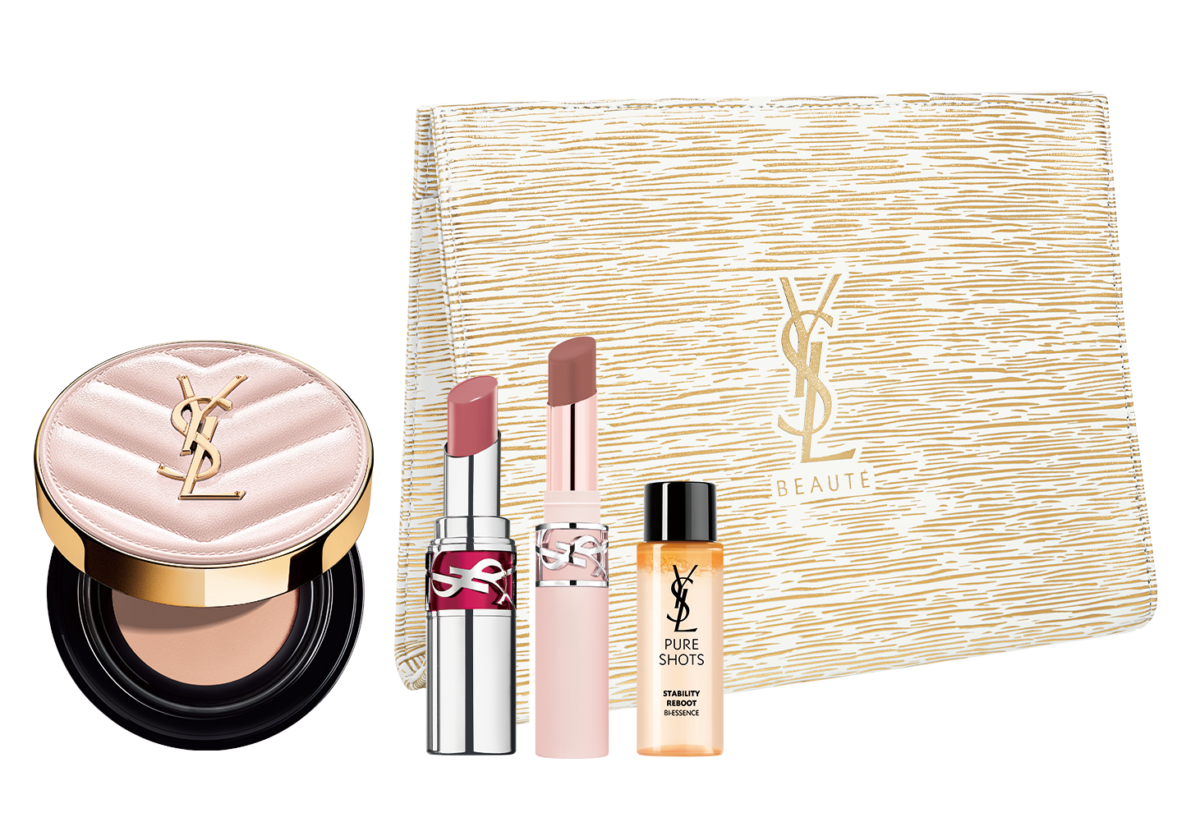 YSL 全台專櫃母親節開打期間凡購買任一底妝、任二唇彩商品享YSL時尚金色化妝包+極效活萃細緻柔膚露10ml。（價值NTD 813）