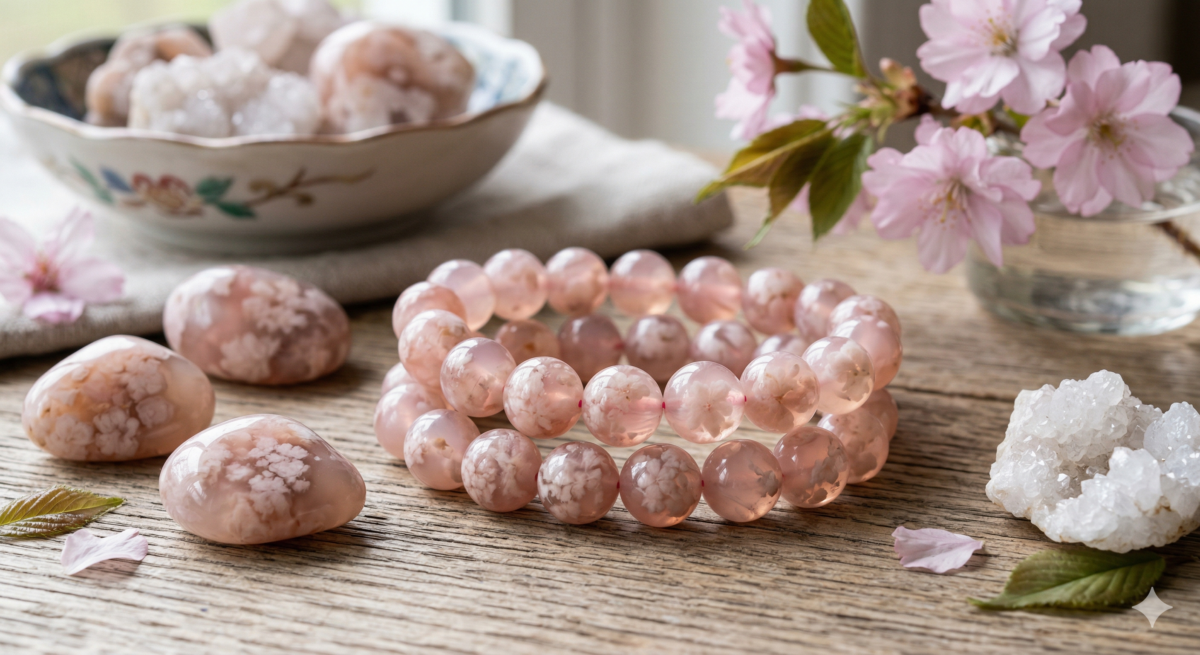 櫻花瑪瑙（Cherry Blossom Agate）因其晶體內含如同櫻花飄落的粉白色包裹體，被譽為「最浪漫的水晶」。
