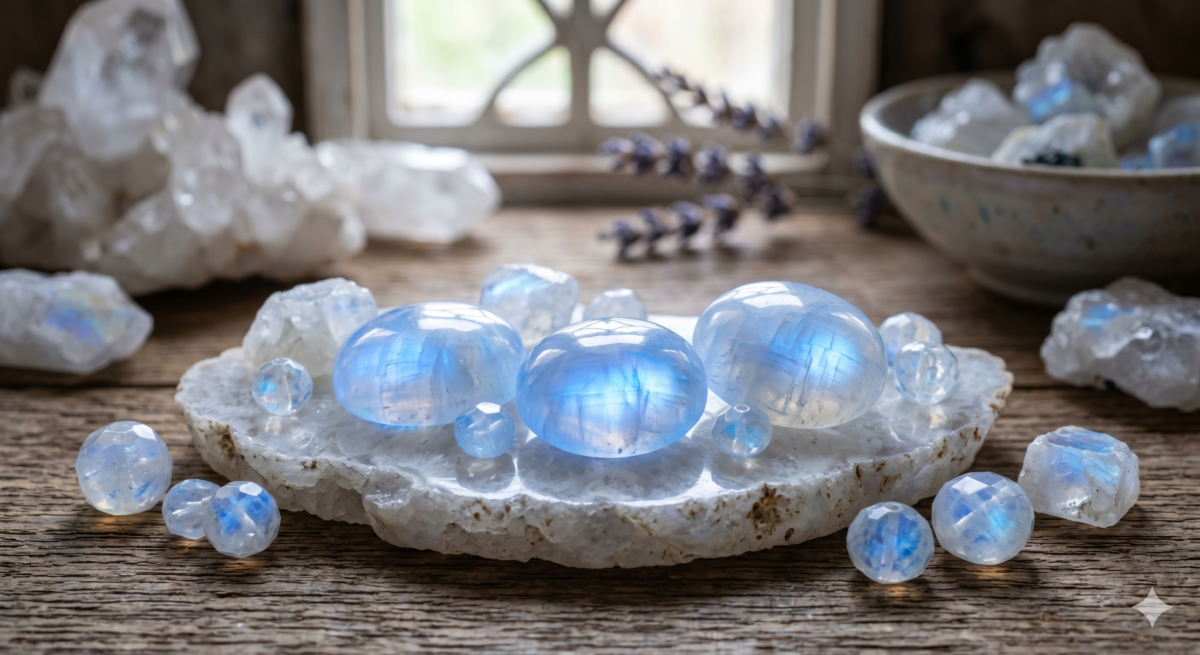 藍月光石屬於長石家族，最迷人之處在於其「輝光效應（Adularescence）」。當光線穿透礦石內部，會透出溫潤的藍色閃光，彷彿將月光凝結在掌心。