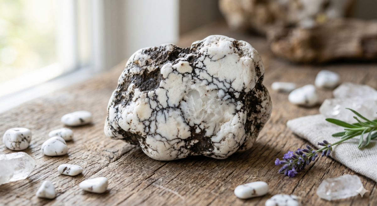 真正的白松石 (White Turquoise)： 它是綠松石的變種，產量極其稀少，通常帶有褐色或黑色的礦脈（鐵線），價值昂貴。