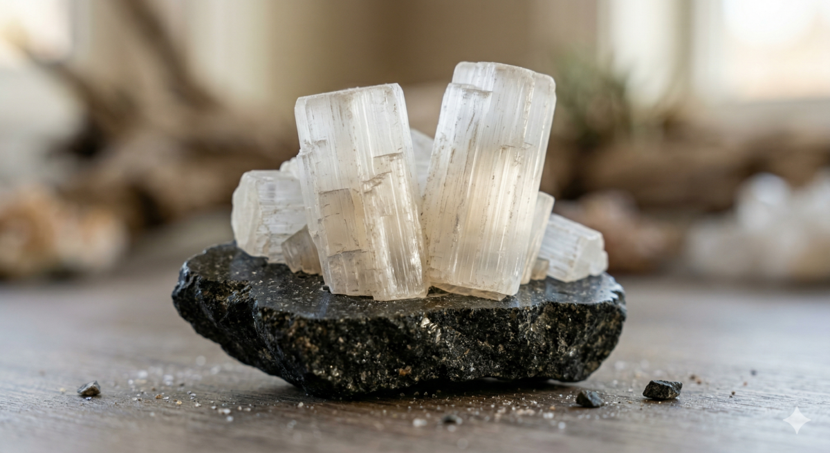 透石膏（Selenite）常被稱為「月神之石」，這名稱源自希臘神話中象徵月亮的女神 Selene。