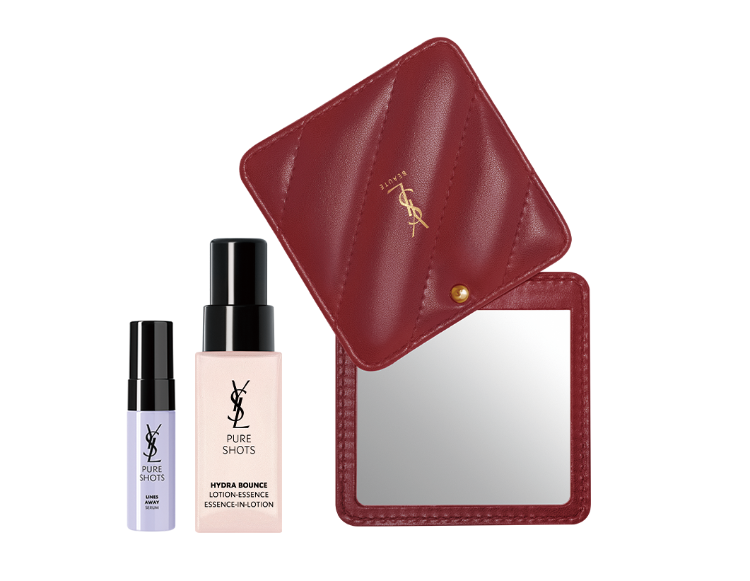 YSL 全台專櫃母親節開打期間 消費滿NTD 8,000享YSL方形斜紋隨身鏡+極效活萃澎潤精華7ml +極效活萃彈潤亮膚露30ml。（價值NTD 2,220）