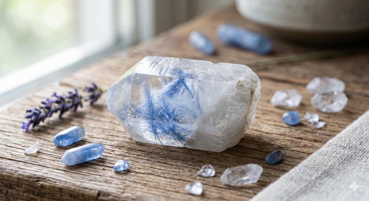 藍針水晶（Blue Needle Quartz）並非真的裡面有針，它在平時看起來就像一般的白水晶，但在強光斜射或特定角度下，內部會顯現出如羽毛、如細針般的靛藍色光芒