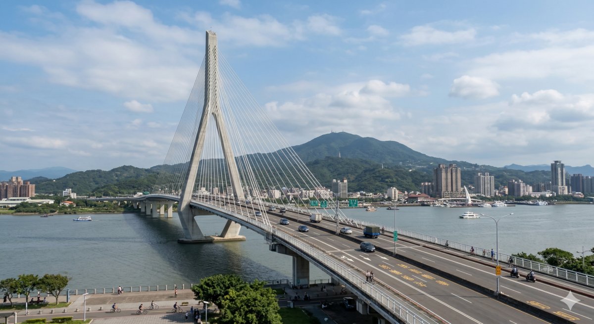 「淡江大橋」由國際建築大師札哈．哈蒂（Zaha Hadid）親自操刀設計的斜張橋，不僅是全球最大的單塔不對稱斜張橋，更是連接淡水與八里的重要樞紐。