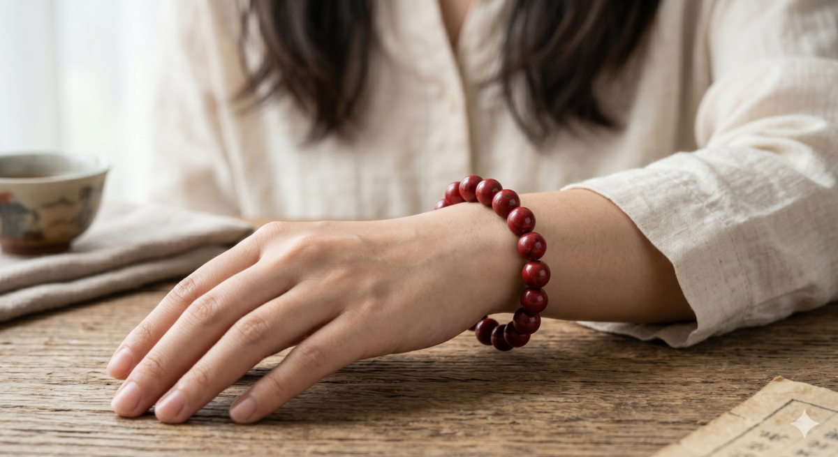 真硃砂色澤內斂、不刺眼；假貨通常是塑膠感強的螢光紅。