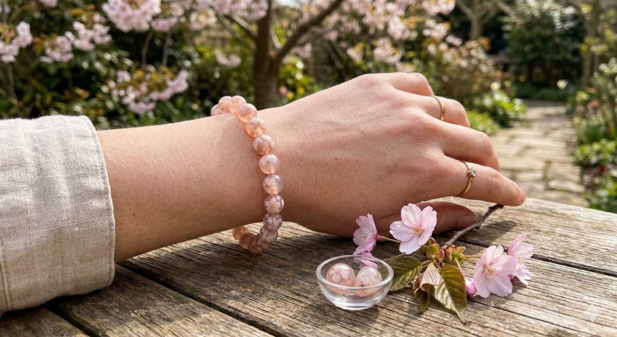 櫻花瑪瑙產自非洲馬達加斯加，是瑪瑙與蛋白石 (Opal) 的共生礦