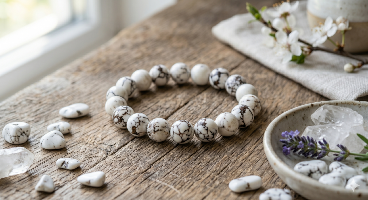 白松石被譽為「聖石」，特別對應人體的頂輪，能帶來清明的思緒與穩定的磁場