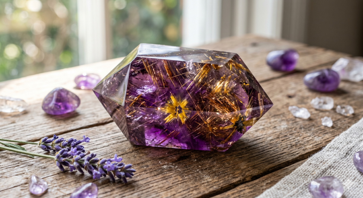 紫鈦晶（Amethyst Rutilated Quartz）是極為罕見的共生礦。它在紫水晶的晶體中，生長出了金色的鈦晶（金紅石）。